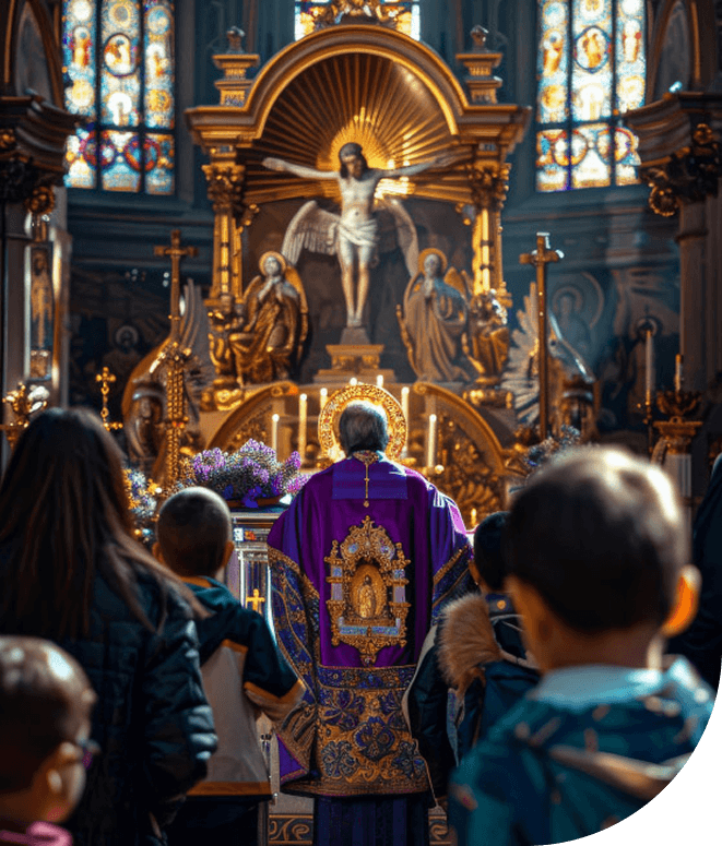 Church ceremony with pastor in purple vestments